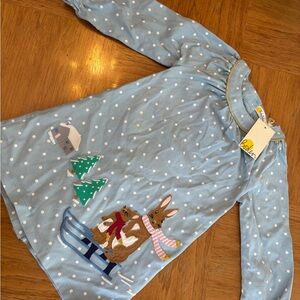 Mini Boden Blue Dress with Gold Trim and White Polka Dots